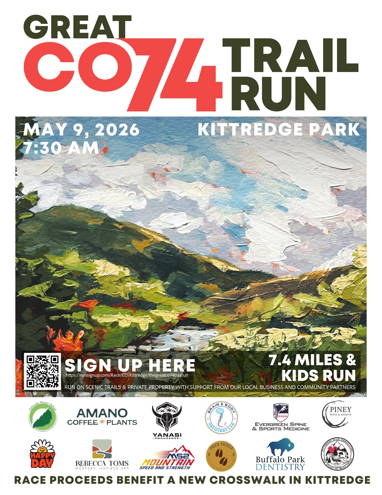 The Great CO74 Trail Run flyer — May 9, 2026 at Kittredge Park, Colorado.
