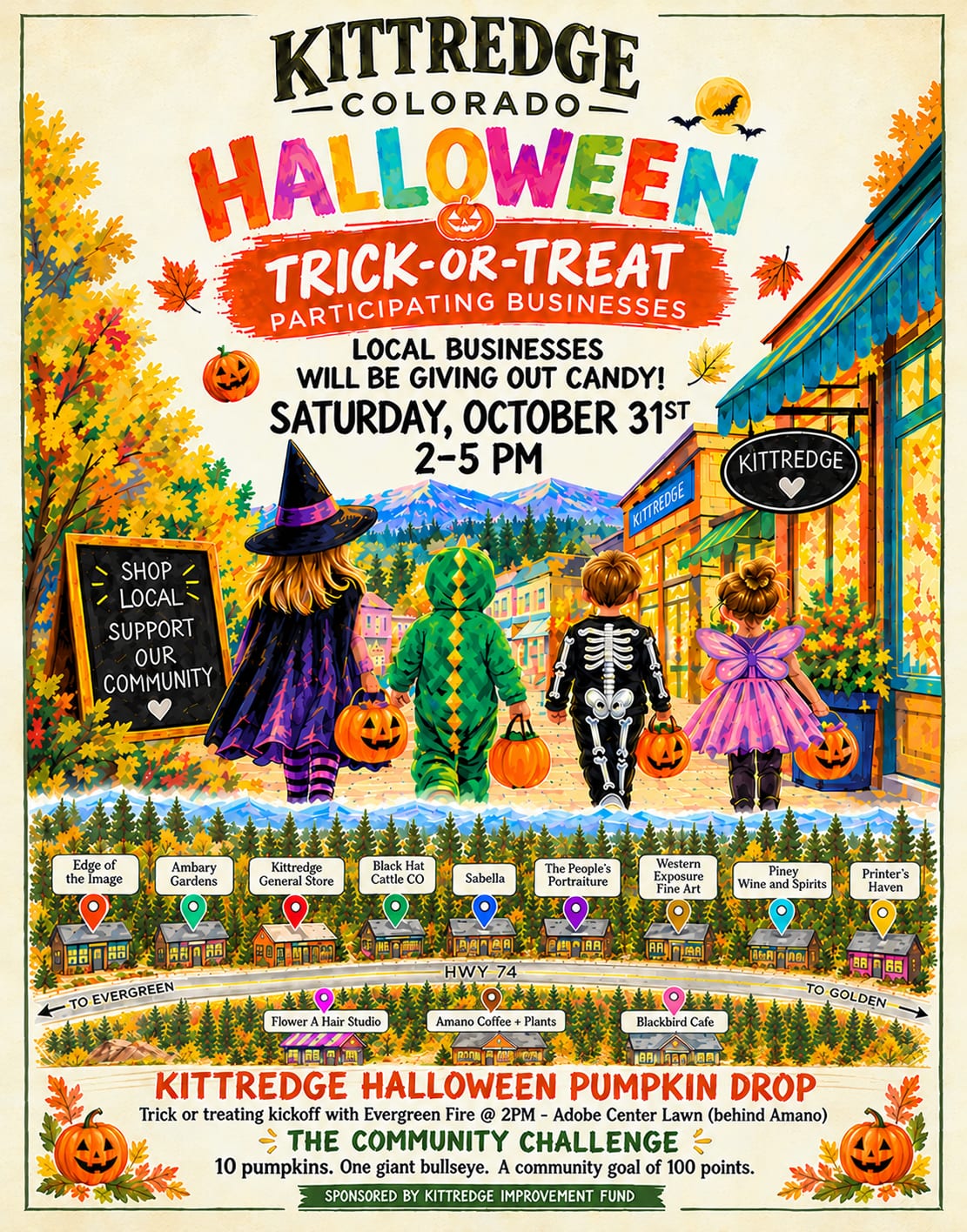 Kittredge Halloween Town flyer: Saturday, October 31, 2–5 PM, trick-or-treat at local businesses. Pumpkin Drop with Evergreen Fire at 2 PM on the Adobe Center lawn behind Amano. Ten pumpkins, one giant bullseye, and a community goal of 100 points. Sponsored by Kittredge Improvement Fund.