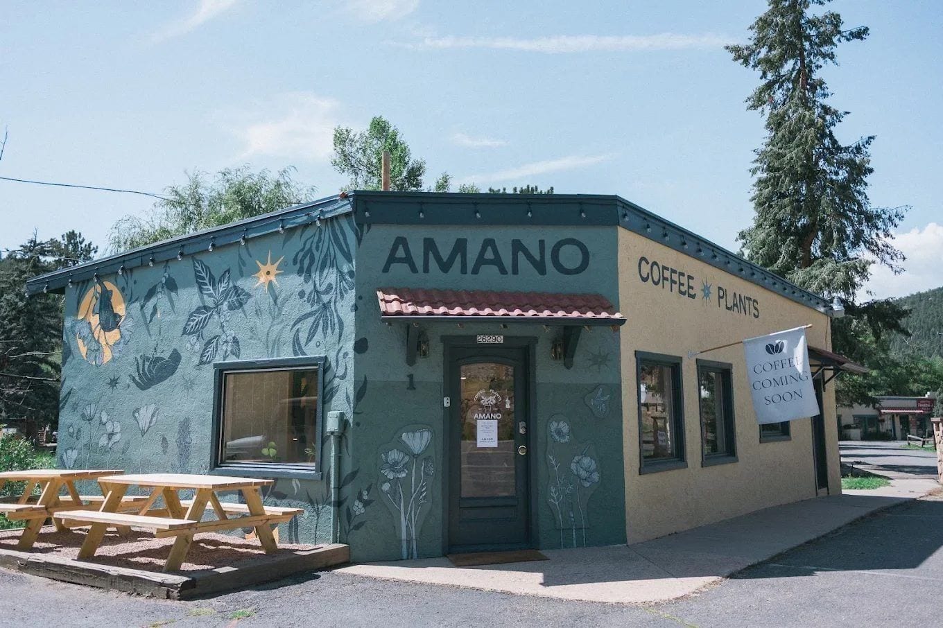 The exterior of Amano Coffee + Plants — a cottage-style storefront with potted plants flanking the entrance and a hand-painted sign above the door.