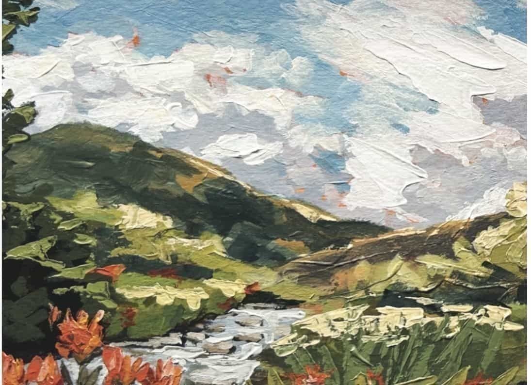 Original acrylic painting of rolling Bear Creek hillsides, a winding stream, and orange wildflowers — the artwork featured on the CO74 Trail Run race poster.