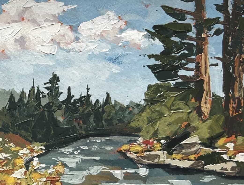 Original acrylic painting of Bear Creek tumbling between mossy boulders and tall pines under a soft cloudy sky.