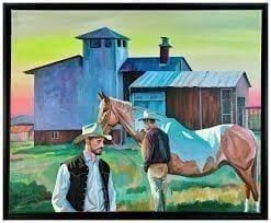 A wall of original Western paintings inside Western Exposure Fine Art — cowboys, mountain landscapes, and figurative work hung edge-to-edge.